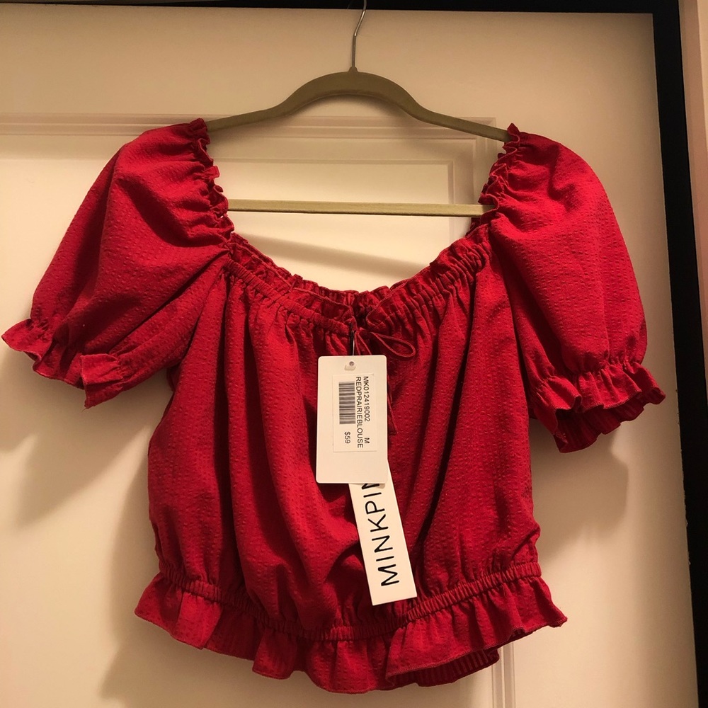 MINKPINK Red Off The Shoulder or Box Neck Top